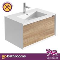 White & Oak Effect Bathroom Sink Unit Wall Mounted Vanity Unit & Sink | 750mm