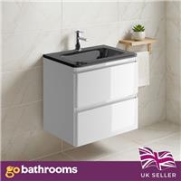 600mm Gloss White Bathroom Wall Hung Unit Anthracite Glass Basin Sink 2 Drawer