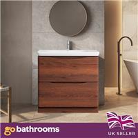 Dark Wood Floor Standing Vanity Unit Round Resin Basin Bathroom Cabinet 900mm