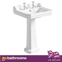 610mm Hand Wash Basin & Full Pedestal 2 Tap Hole Ceramic Bathroom Sink