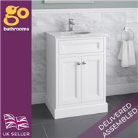 Traditional White Vanity Unit Bathroom Unit with Marble Top & Ceramic Sink 60cm