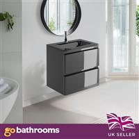 600mm Dark Grey Gloss Bathroom Wall Hung Vanity Unit Grey Glass Basin