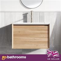 Oak Wall Hung Vanity Unit Bathroom Drawer Cabinet & White Basin Sink 600mm