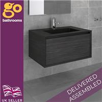 Dark Oak Wall Hung Vanity Unit Bathroom Drawer Cabinet & Black Basin Sink 750mm