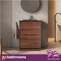 Dark Wood Floor Standing Vanity Unit Grey Glass Basin Bathroom Cabinet 600mm