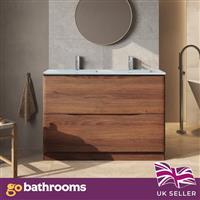 Dark Wood Floor Standing Vanity Unit White Glass Basin Bathroom Cabinet 1200mm