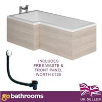 Complete L Shape Left Hand 170cm Shower Bath Waste & FREE Light Elm Front Panel