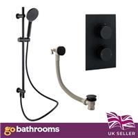Black Concealed Shower Valve 2 Outlet Square With Slide Rail Kit & Bath Filler