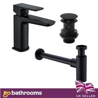 Matt Black Bathroom Waterfall Brass Basin Sink Mixer Tap, Waste & Bottle Trap