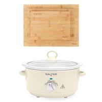 Salter Retro 3.5L Slow Cooker With Glass Lid & Bamboo 3pcs Chopping Board Set