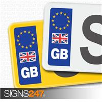 PAIR GB CAR NUMBER PLATE STICKERS WITH UK FLAG - EU European Vinyl Sticker Decal