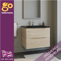 600mm Natural Wood Vanity Unit Wall Hung 2 Drawer Unit & Grey Glass Basin Sink