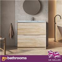 Light Ash Floor Standing Vanity Unit White Glass Basin Bathroom Cabinet 900mm