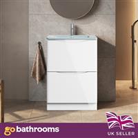 White Gloss 2 Drawer Small Vanity Unit & White Glass Wash Basin | 60cm Eaton