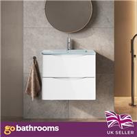 White Wall Hung Vanity Unit With White Glass Basin Bathroom Cabinet 600mm