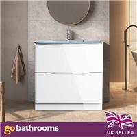 900mm White Gloss Vanity Unit Floor Standing 2 Drawer Unit & White Glass Basin