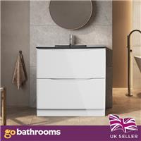 White Floor Standing Vanity Unit With Grey Glass Basin Bathroom Cabinet 900mm