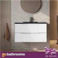 White Wall Hung Vanity Unit With Grey Glass Basin Bathroom Storage Cabinet 900mm