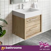 Bare Oak Bathroom Sink Unit Wall Hung 600mm Resin Hand Wash Basin with 2 Drawers