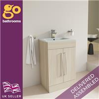 500 Light Wood Bathroom Vanity Unit Free Standing 50cm 2 Drawer Glass Sink Unit