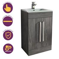 600mm Dark Wood Newton Vanity Unit Glass Sink Bathroom Floor Stand Furniture