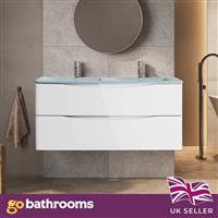 White Wall Hung Double Vanity Unit White Glass Basin Bathroom Cabinet 1200mm