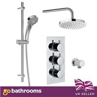 Chrome Overhead Shower Slide Rail Kit & Dual Outlet Round Thermostatic Valve