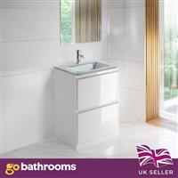 600mm Vanity Unit White Gloss Floor Standing Unit Glass Basin Sink 2 Drawer