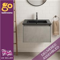 600 Grey Wall Hung Vanity Unit & Black Basin Wash Sink 1 Drawer Bathroom Cabinet