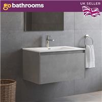 Wall Hung Grey Bathroom Sink Vanity Unit Storage & Matt White Sink Basin | 900mm