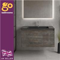 Wall Hung Brown Bathroom Sink Vanity Unit Storage With Matt Black Sink | 900mm