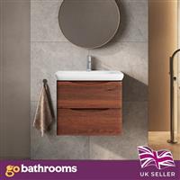 Dark Wood Wall Hung Vanity Unit With Round Resin Basin Bathroom Cabinet 600mm