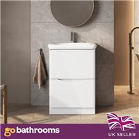 White Floor Standing Vanity Unit With Round Resin Basin Bathroom Cabinet 600mm