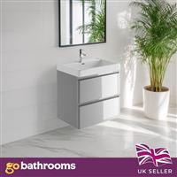 600mm Grey Wall Hung Basin Vanity Unit 2 Drawer Bathroom Storage Cabinet Gloss