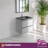 600mm Grey Gloss Vanity Unit Bathroom Wall Hung Grey Glass Sink 2 Drawer