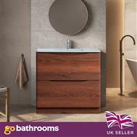 Dark Wood Floor Standing Vanity Unit White Glass Basin Bathroom Cabinet 900mm