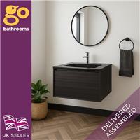 Dark Oak Wall Hung Vanity Unit Bathroom Drawer Cabinet & Black Basin Sink 600mm