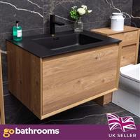 Oak Wall Hung Vanity Unit Bathroom Drawer Cabinet & Black Basin Sink 750mm