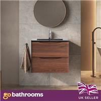 Dark Wood Wall Hung Vanity Unit With Grey Glass Basin Bathroom Cabinet 600mm