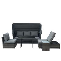 Outsunny 5 PCS Outdoor Rattan Reclining Adjustable Canopy Sets w/ Dining Table