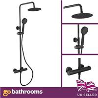 Black Round Thermostatic Shower Kit Adjustable Overhead Slide Rail & Swivel Head