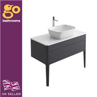 Blue Grey Vanity Unit with White Glass Ceramic Worktop Push Open Drawers 1000mm
