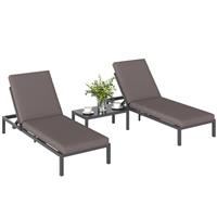 Outsunny 3-PCS PE Rattan Lounge Set, Aluminium Recliner Sofa Bed Set, Grey