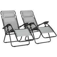 Outsunny Foldable Garden Recliner Chair Set of 2 w/ Footstool & Headrest, Grey