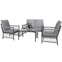 Outsunny 4 Seater Rattan Garden Sofa Set with Glass Top Coffee Table Grey