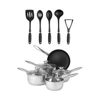 Russell Hobbs 10-Piece Pan & Utensil Set Stainless Steel, Glass Lids & Utensils