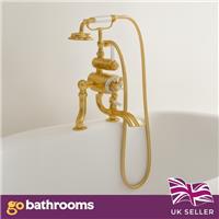 Brushed Gold Thermostatic Bath Shower Mixer Tap Traditional Brass Handset & Hose