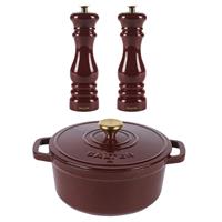 Salter Chester Red Casserole Pot & Mill Set 24cm Cast Iron & S/P Grinders