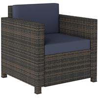 Outsunny Rattan Garden Armchair, Cushioned Single Rattan Chair, Brown/Blue