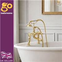 Traditional Gold Bath Shower Mixer Tap with White Handheld Shower Deck Mounted
